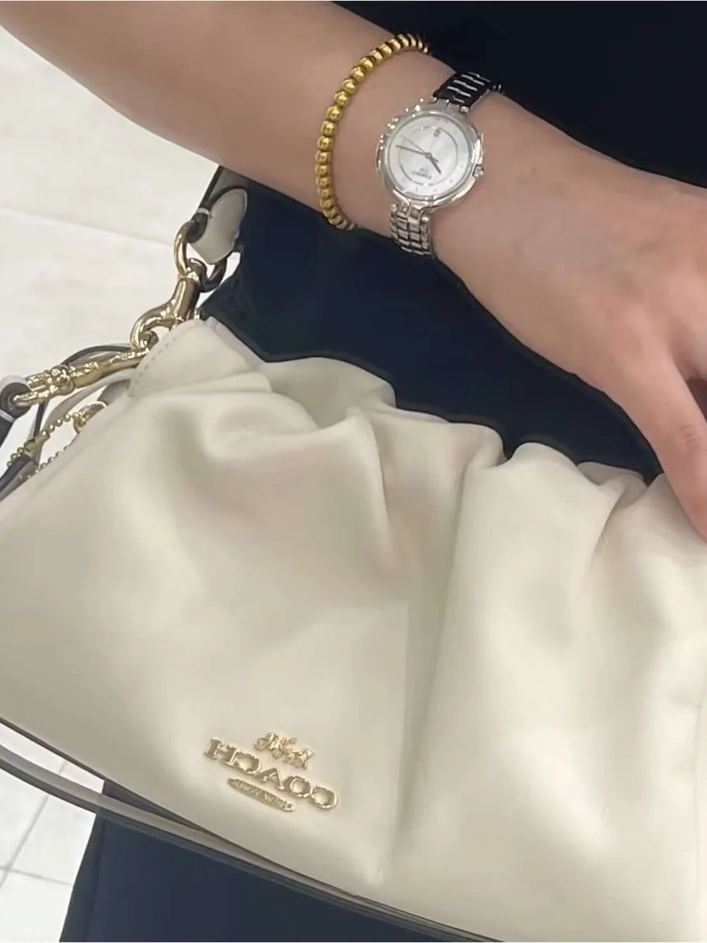 Coach Cream Ruched Leather Shoulder Bag with Gold Hardware